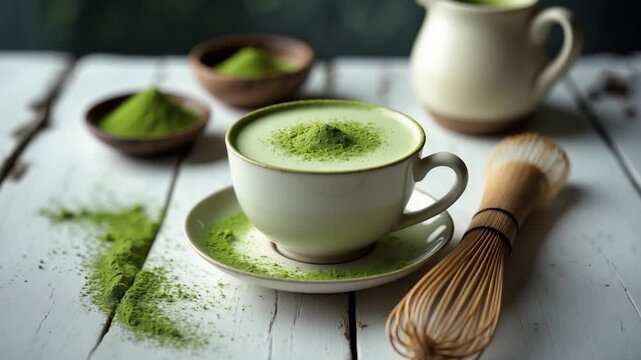 Vibrant matcha tea preparation in a ceramic cup with creamy froth and add-ins on a rustic wooden table featuring green powder and a bamboo whisk in soft natural light