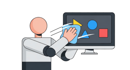 Futuristic robot with a human hand cleaning a computer monitor screen.