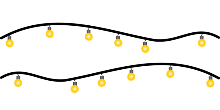 Two strings of glowing yellow party lights on a wavy black cord against a white background.