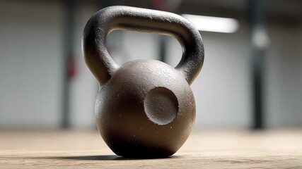 Close-up of a kettlebell on a wooden floor, showcasing its textured surface and design, as the camera smoothly zooms in to highlight the details and craftsmanship of the fitness equipment