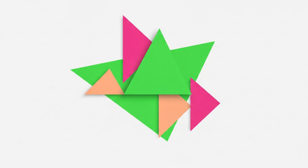Vibrant geometric abstract composition with overlapping triangles in bright green, hot pink, and soft orange creating dynamic energy and modern design.