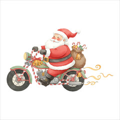 Santa Claus Riding Motorcycle Vector Christmas Illustration Isolated on White Background
