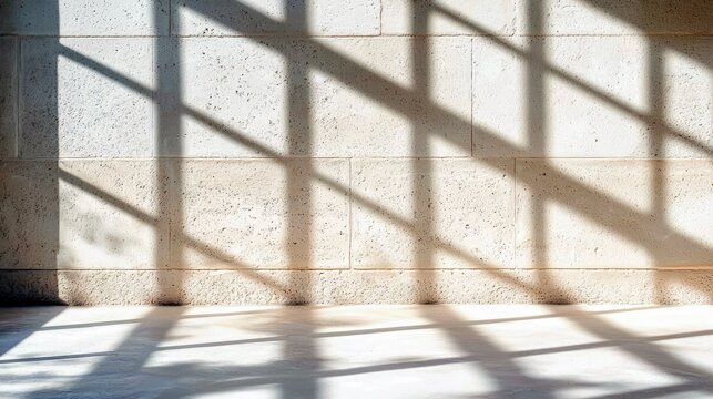 Abstract patterns of light and shadow are cast across a textured stone wall and floor, creating a sense of depth and atmosphere.