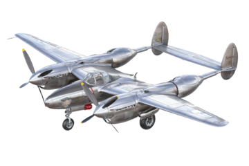 Twin-engine Lockheed P-38 Lightning aircraft in metallic silver isolated on a transparent background