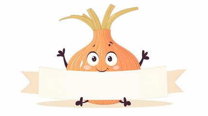 Cheerful cartoon onion character holding a blank horizontal banner for text presentation