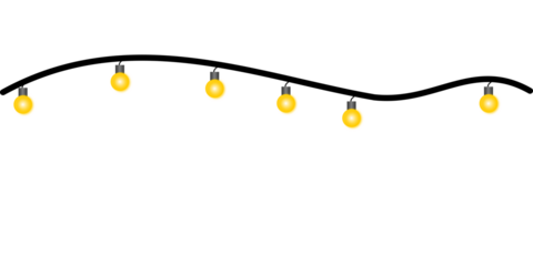 A simple illustration of a garland of glowing yellow electric light bulbs on a wavy black wire, isolated on a white background.