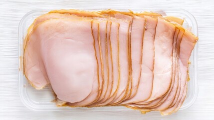 Thin sliced smoked turkey breast on white background isolated. Generative AI
