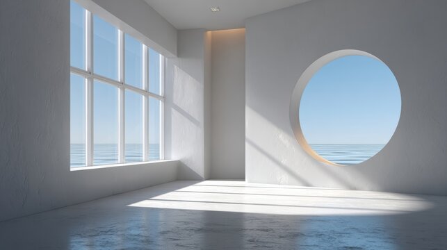 Serene Minimalist Room with Circular Window and Sunlight.