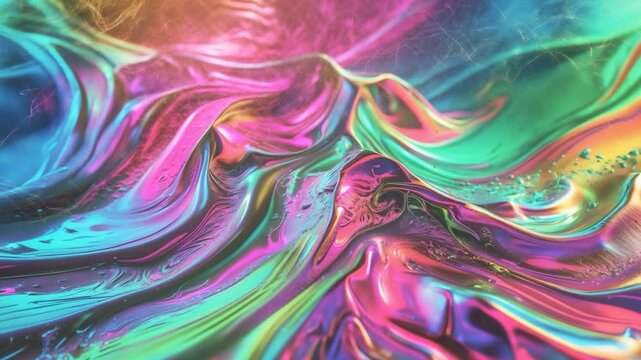 Colorful abstract liquid texture with flowing glossy surfaces in vibrant shades of pink blue and green showcasing smooth and reflective visual patterns throughout the sequence