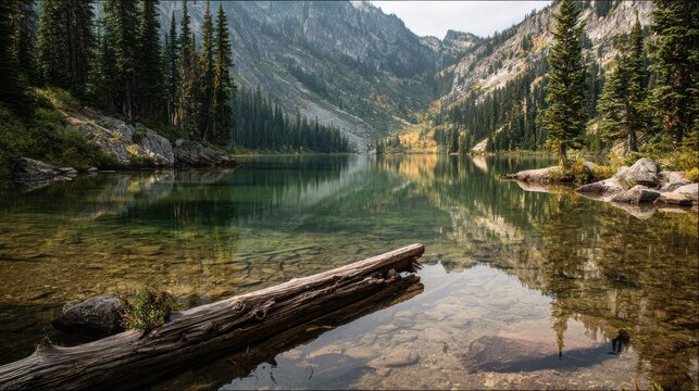 Serene Mountain Lake Reflection with Clear Water and Log.