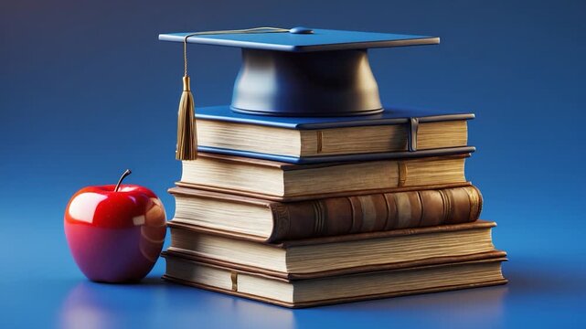 Prominent graduation cap atop a stack of stacked antique books alongside a shiny red apple on a solid blue background with soft lighting creating an engaging educational concept.