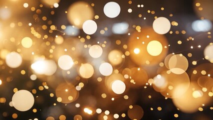 Abstract golden bokeh background with soft lighting and gentle movement featuring varying circle sizes and warm tones creating a shimmering effect ideal for festive or celebratory themes
