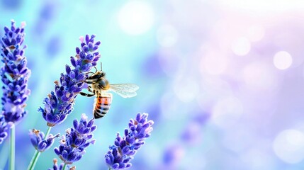 A honeybee is shown collecting nectar from a vibrant purple lavender flower, with a soft, ethereal background of bokeh lights.