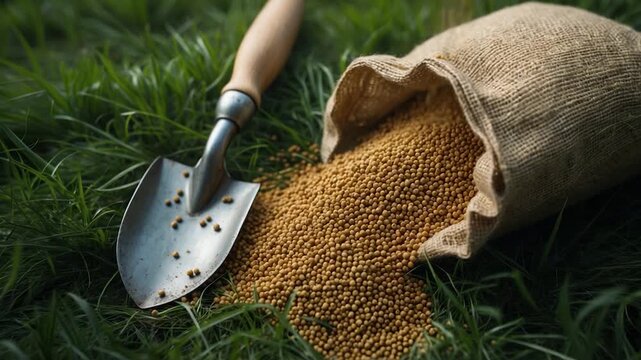 Close-up of burlap sack spilling mustard seeds with metal hand shovel resting on green grass showcasing the natural texture and warm tones of the environment