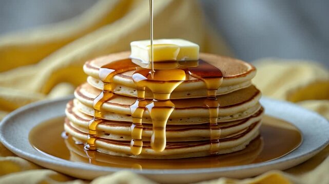 Close-up of stack of fluffy pancakes drizzled with syrup and topped with a pat of butter on a glossy plate surrounded by soft yellow fabric and gentle natural lighting showcasing rich textures and