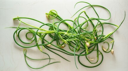 Fresh garlic scapes on white background isolated. Generative AI