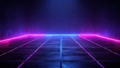 Dark concrete grid floor, vibrant pink-blue neon lights, futuristic empty stage/room