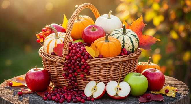 Abundant autumn harvest overflowing in a rustic basket, featuring vibrant pumpkins, crisp apples, and juicy cranberries against a warm, sunlit backdrop.