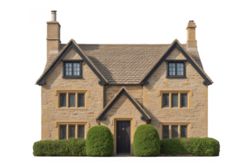 Stone cottage with dark door and green bushes isolated on a transparent background