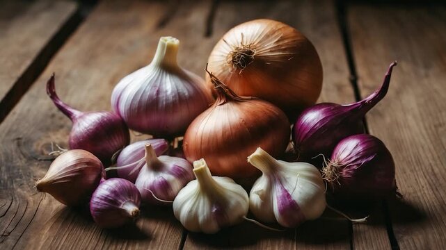 Variety of onions and garlic arranged artfully on a rustic wooden table highlighting their shapes colors and textures under soft natural lighting in a kitchen setting