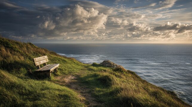 Solitary Bench on Clifftop Overlooking Calm Ocean.