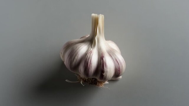 Close-up view of a fresh garlic bulb showcasing its intricate layers and textures against a minimal gray background illuminated by soft natural light highlighting the purple-tinted cloves and root