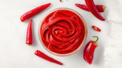 Spicy red pepper paste in glass bowl on white background isolated. Generative AI