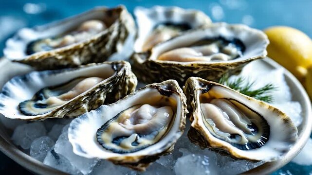 Close-up of freshly shucked oysters arranged on ice with lemon featuring glistening shells and vibrant colors presented on a smooth plate in soft natural light