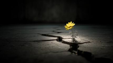 Symbolic image of flower emerging through cracks, representing hope and renewal. Dark room with single bright flower emerging from cracked stone floor, soft spot lighting, symbolic rebirth.