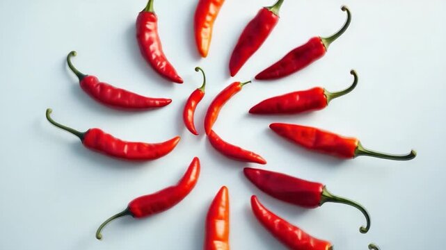 Vibrant red chili peppers arranged in a circular pattern on a light background showcasing varying sizes and shapes illuminated by soft natural light with smooth textures and vivid colors