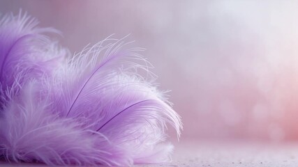 Close-up of soft fluffy purple feathers delicately resting on a textured surface with a blurred bokeh background highlighting gentle light reflections in a serene indoor setting