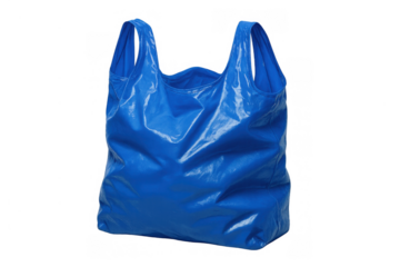 Blue plastic shopping bag for groceries and retail, an environmental waste and pollution concept on transparent background