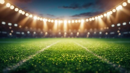 Close-up of a vibrant green soccer field illuminated by stadium lights on a clear evening with a sharp focus on lush grass white line markings and blurred stands in the background - Powered by Adobe