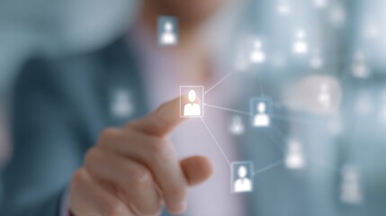 Close-up of a person's hand pressing a button on a virtual screen. the background is blurred, but it appears to be a cityscape with buildings and lights.