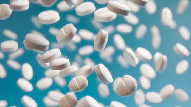 White tablets falling against a blue background showcasing dynamic motion with various angles emphasizing texture and clarity in a visually engaging scientific or pharmaceutical context