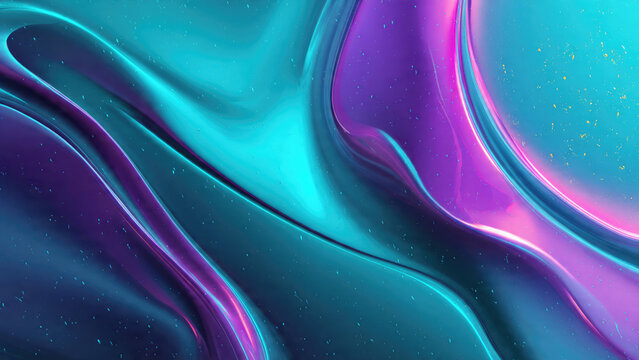Abstract art showcasing glossy, fluid waves in vibrant teal, purple, magenta. Shimmering surfaces with sparkling particles evoke futuristic liquid motion.