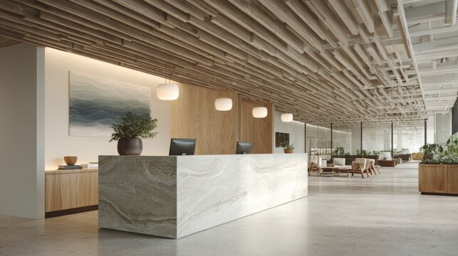 Modern and spacious lobby of a building. the lobby has a high ceiling with wooden beams that create a rustic and industrial feel.
