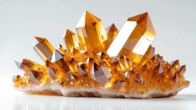 Stunning close-up of vibrant orange citrine crystal cluster with sharp pointed formations glimmering in soft natural light against a smooth white background showcasing texture and clarity throughout