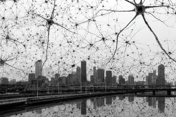 Fototapeta premium Neural Architecture: Neurons as architects building a cityscape with neurotransmitter bridges connecting different regions.