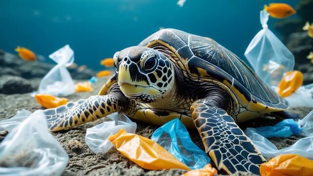 Close-up of a sea turtle navigating through a littered underwater environment filled with plastic bags and orange debris surrounded by small fish in vibrant blue water