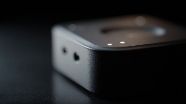 Close-up of a small, rectangular device with a black surface. the device appears to be made of metal or plastic and has a rectangular shape with rounded edges.