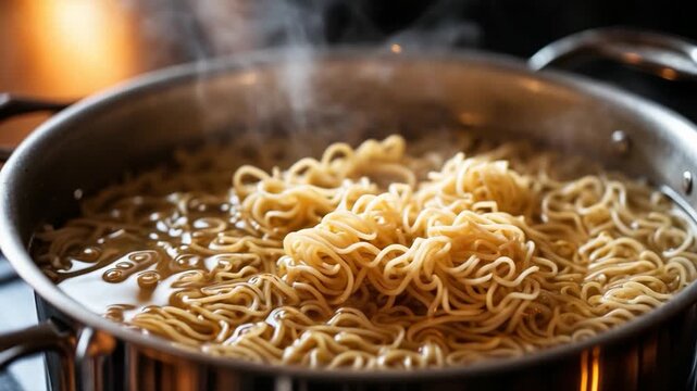 Steaming strands of yellow noodles being cooked in a metal pot filled with boiling water captured in close-up with soft warm lighting highlighting the texture and movement of the noodles.