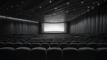 Empty movie theater with rows of black chairs facing the front of the screen. the theater has a high ceiling with a curved design that extends from the ceiling to the floor.