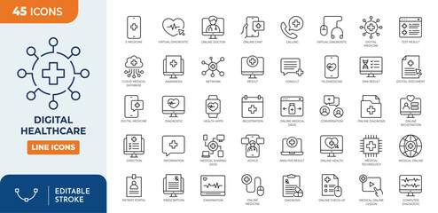 Digital Healthcare line editable icon set. Contain icons related to Telemedicine, Digital healthcare, and more. Editable stroke. Vector illustration