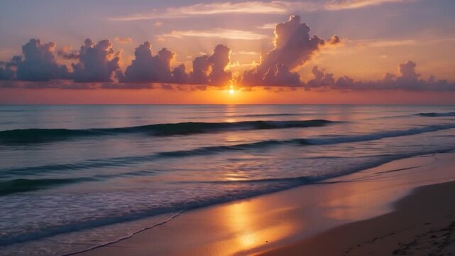 Stunning sunset over a tranquil beach with soft waves lapping the shore golden sunlight reflecting on the water warm colors in the sky and fluffy clouds creating a picturesque coastal scene