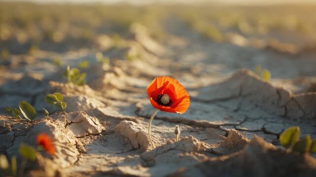 Close-up of a vibrant red poppy flower blooming amidst cracked dry earth surrounded by green sprouts under soft warm sunlight capturing the beauty of resilience in a drought-affected environment.