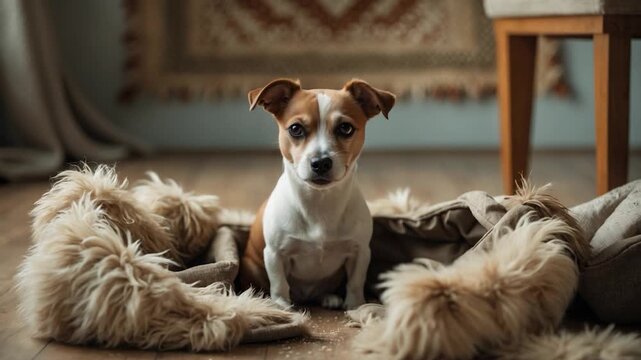 Close-up of a small brown and white dog sitting on fluffy bedding in a cozy indoor setting with natural light and soft textures showcasing the pet's attentive expression throughout the video