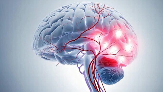 Detailed anatomical illustration of a human brain highlighting blood vessels and neural activity with luminous areas demonstrating cerebral functions and connectivity in a clean minimalist setting