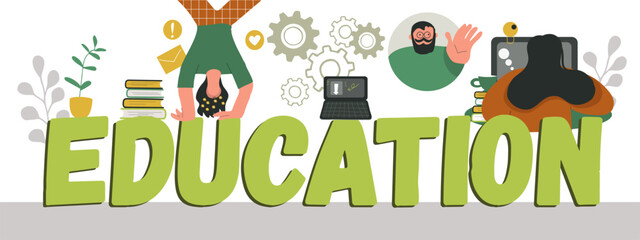 Text education, huge letters, hand drawn vector illustration.