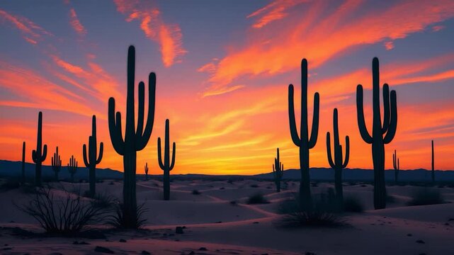Wide view of silhouetted cacti against a vibrant sunset showcasing deep oranges and soft purples over a sandy desert landscape with scattered grass and distant mountains